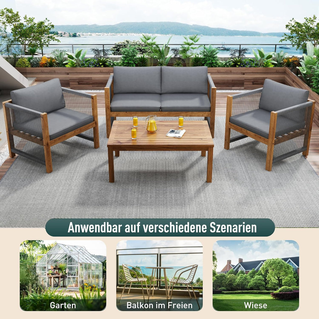 Zepneiy Salon de Jardin, Salon de Jardin 4 Personnes, avec canapé, Table Basse et Coussins, Housse en Tissu déhoussable et Lavable, Noir (Coussins d'assise Inclus)