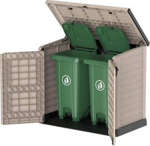 Load image into Gallery viewer, Duramax StoreAway 1200L Plastic Garden Shed/ Flat Lid, Outdoor Storage Shed, Wheelie Bin Hideaways, Wheelie bin box, Durable Construction, Ideal for Bikes, BBQs &amp; 2x 240L Bins, 145x85x125 cm, Brown