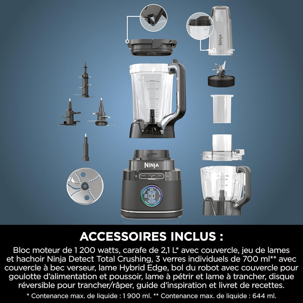 Ninja Detect Power Blender Processor Pro 3-en-1, mixeur 1200W, bol à mélanger, lame malaxeur, gobelet individuel, récipient, pétrir, mixer, hacher et mélanger, noir, TB401EU