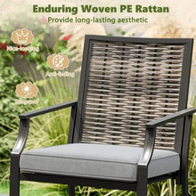 Load image into Gallery viewer, Outdoor Metal Bar Stools Set of 2 with Rattan Back, Armrest, Fabric Seat &amp; Cushions, Counter Height Patio Bar Chairs for Poolside, Porch, Backyard