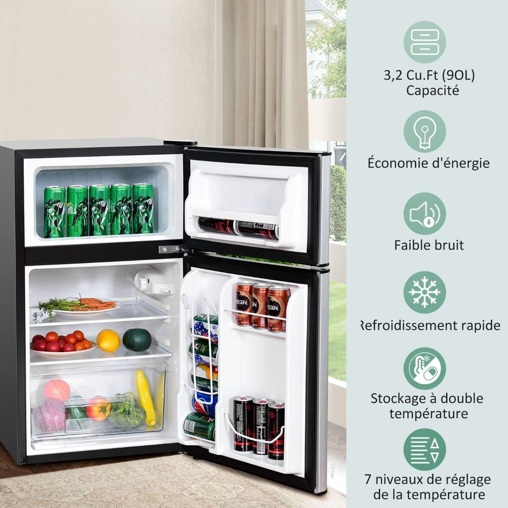 Réfrigérateur Compact Mini-réfrigérateur 90 L Congélateur Séparé avec Design à 2 Portes Fonctionnement Silencieux Blanc/Gris/Noir
