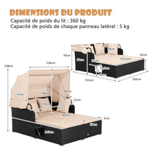 Load image into Gallery viewer, Chaise Longue à 2 Places en Rotin avec Auvent Rétractable Bain de Soleil avec Panneaux Latéraux Pliables Charge 360KG Beige/Gris