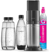 Load image into Gallery viewer, SodaStream Duo Sparkling Water Machine for Glass Jug | Pack of 2 Glass Jugs 1L + 1 Bottle 1L Dishwasher Safe + 1 60L Gas Refill Clip On | Black [Amazon Exclusive]