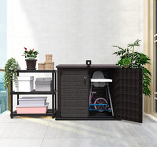 Load image into Gallery viewer, Duramax StoreAway 1200L Plastic Garden Shed/ Flat Lid, Outdoor Storage Shed, Wheelie Bin Hideaways, Wheelie bin box, Durable Construction, Ideal for Bikes, BBQs &amp; 2x 240L Bins, 145x85x125 cm, Brown
