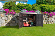 Load image into Gallery viewer, Duramax StoreAway 1200L Plastic Garden Shed/ Flat Lid, Outdoor Storage Shed, Wheelie Bin Hideaways, Wheelie bin box, Durable Construction, Ideal for Bikes, BBQs &amp; 2x 240L Bins, 145x85x125 cm, Brown