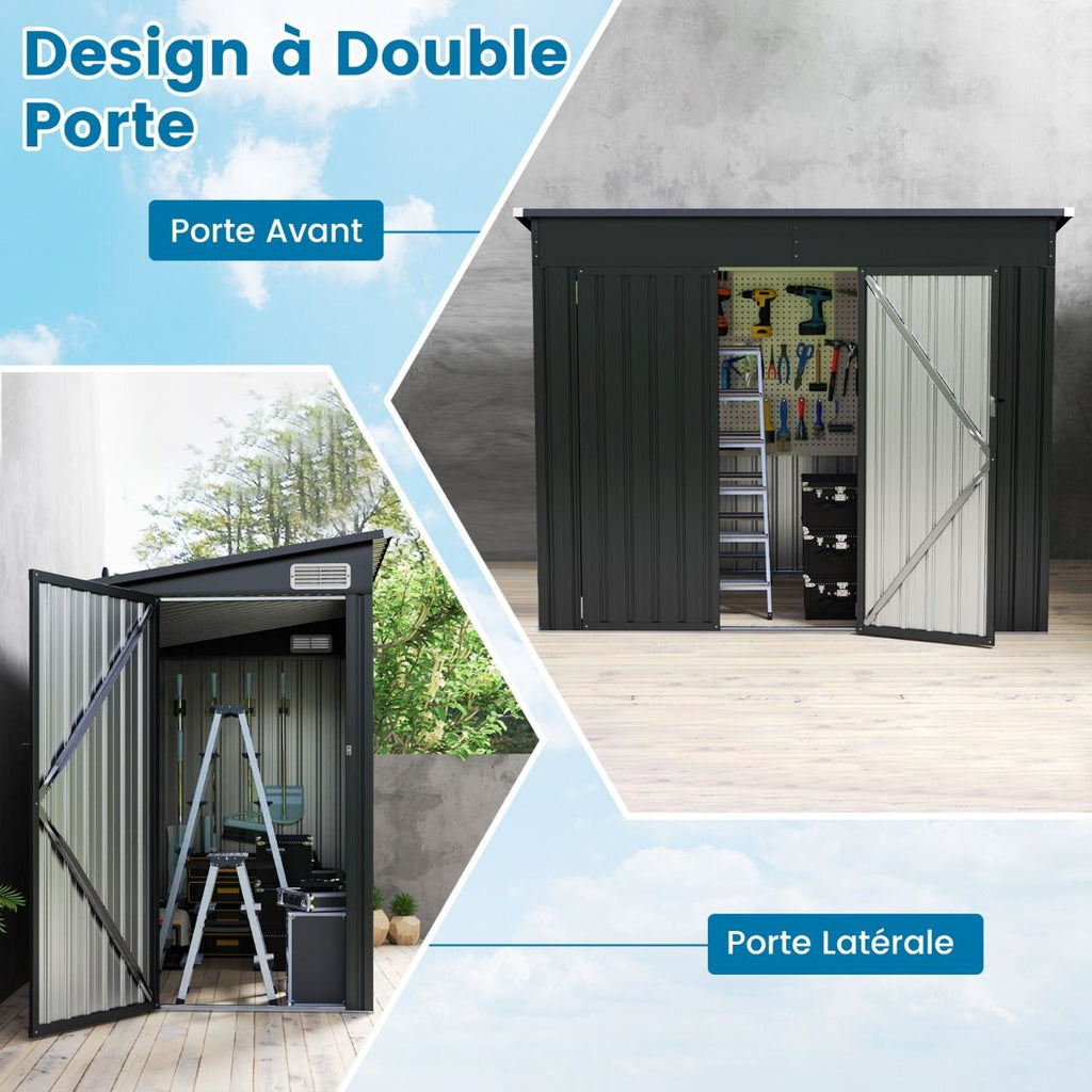 Abri de Jardin Extérieur Abri à Outils de Jardin avec 2 Portes Design Incliné Aérations Cadre en Métal Galvanisé 235x117x185cm Gris Foncé