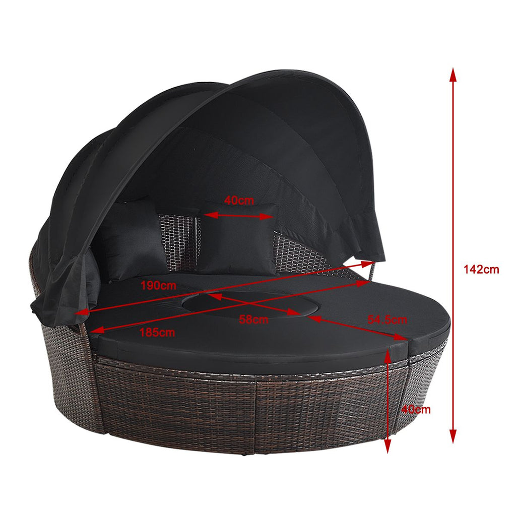 Lit de Jardin Rond d'Exterieur Table Relevable Modulable & Convertible - Pare Soleil Réglable rotin PE Coussins Inclus Noir