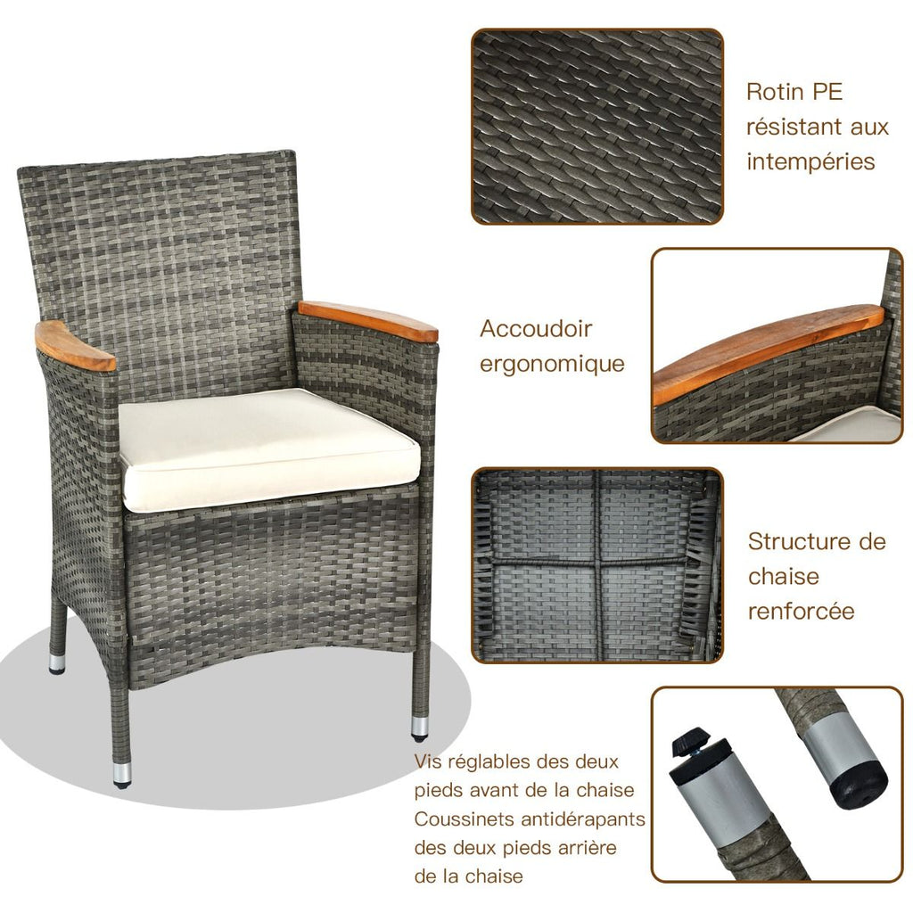 Salon de Jardin avec 1 Table et 8 Chaises en Bois et Rotin Synthétique Anti-UV Pieds Réglables et Coussins Imperméables Inclus