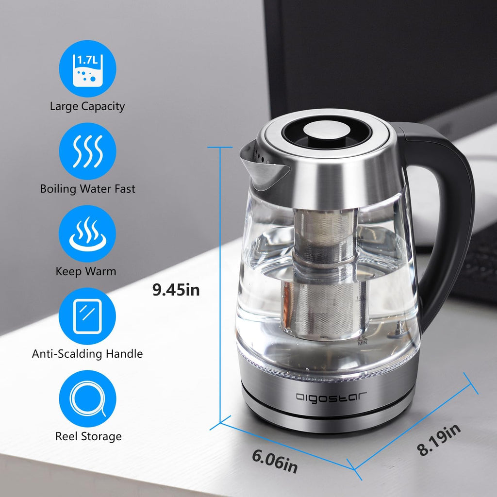 Aigostar Cris - Bouilloire en verre Température Réglable 2200W, 1.7L. Thermostat Réglable (60 à 100ºC) et fonction maintien au chaud, Filtre à thé amovible, éclairage LED de couleurs, Sans BPA.