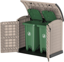 Load image into Gallery viewer, Duramax StoreAway 1200L Plastic Garden Shed/ Flat Lid, Outdoor Storage Shed, Wheelie Bin Hideaways, Wheelie bin box, Durable Construction, Ideal for Bikes, BBQs &amp; 2x 240L Bins, 145x85x125 cm, Brown