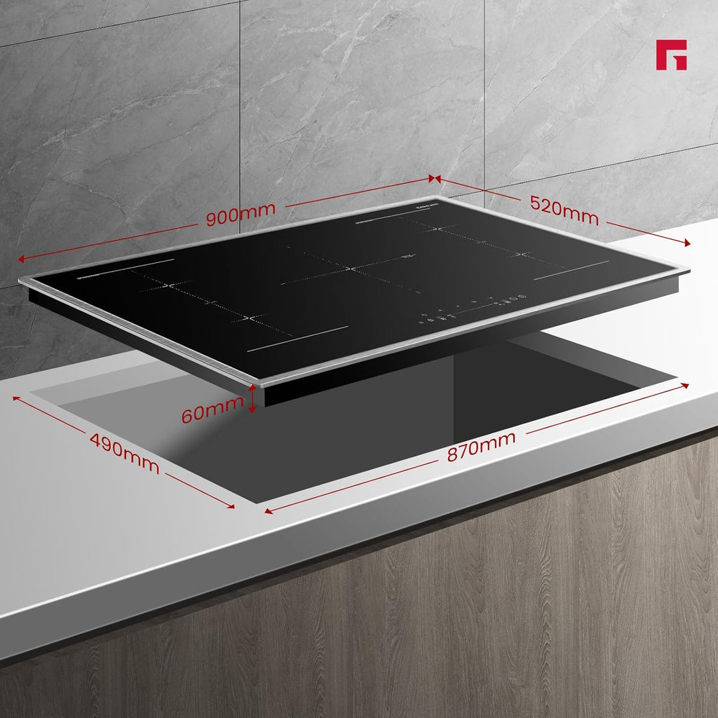 GASLAND IH905BFB Plaque de Cuisson Induction encastrable 90 cm, 5 foyers avec cadre en inox, zone spéciale BBQ, PowerBoost, 10000W (Poêle non incluse)