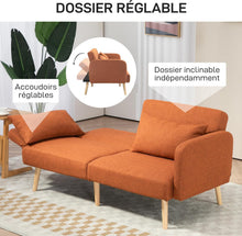 Load image into Gallery viewer, HOMCOM Canapé Convertible 3 Places, canapé-lit 2 Places, Dossier inclinable et accoudoirs réglables, canapé clic clac en Tissu Effet Lin, Pieds en Bois Massif, 2 Coussins lavables, Marron