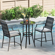 Load image into Gallery viewer, Outdoor Metal Bar Stools Set of 2 with Rattan Back, Armrest, Fabric Seat &amp; Cushions, Counter Height Patio Bar Chairs for Poolside, Porch, Backyard