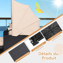 Load image into Gallery viewer, Chaise Longue à 2 Places en Rotin avec Auvent Rétractable Bain de Soleil avec Panneaux Latéraux Pliables Charge 360KG Beige/Gris