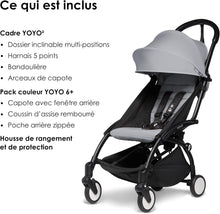 Load image into Gallery viewer, Poussette BABYZEN YOYO2 6+ (Cadre noir + pack couleur Aqua) - Comprend un harnais, un dossier, des arceaux de capote, une bandoulière, un coussin d’assise, et une capote assortie