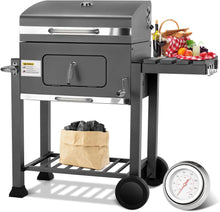 Load image into Gallery viewer, Barbecue Charbon de Bois XL, Chariot à Barbecue, Grill XL à Charbon avec Couvercle, Roues et Thermomètre, Réglable en Hauteur, Grand Barbecue au Charbon de Bois, pour Camping et Jardin, Noir