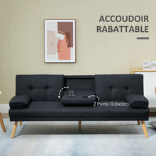 Load image into Gallery viewer, HOMCOM Canapé Convertible 3 Places Design scandinave Inclinaison Dossier réglable 3 Niveaux Dossier Centrale Rabattable 2 Porte-Verres Bois Massif Lin Gris