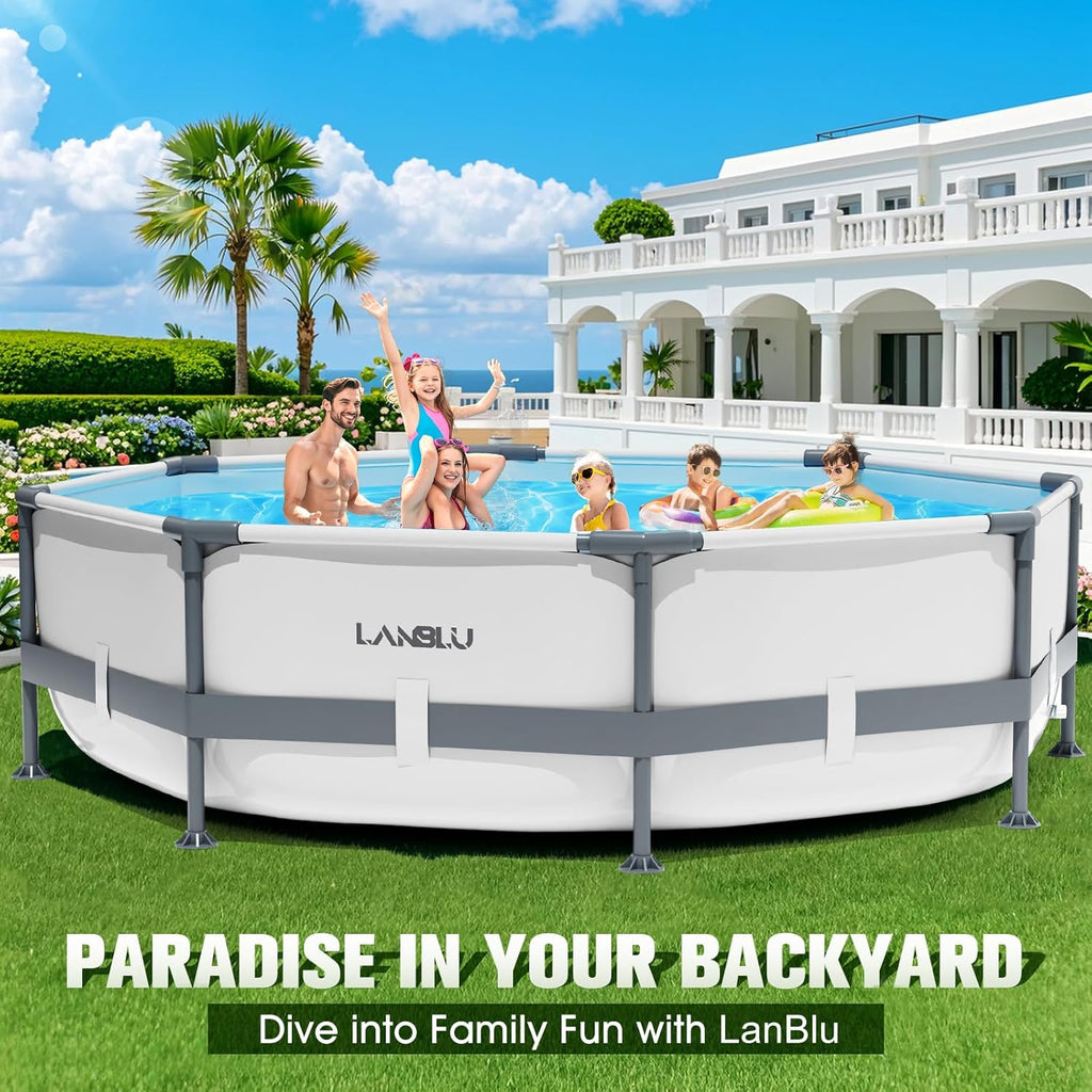 LanBlu Piscine Tubulaire Ronde 300 x 300 x 76cm, Piscine Hors Sol Ronde avec Matériau Anti-Crevaison, Grande Piscines Steel Frame Adulte Vidange Rapide, Piscines Tubulaire Jardin pour Toute la Famille