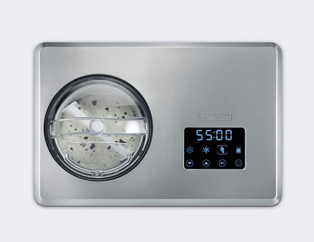 SEVERIN EZ 7405 2-in-1 Ice Cream Maker, Includes Ice Cream Container (2L) and Recipe Book, Digital Timer, Lid Open, Silver
