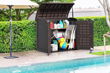 Load image into Gallery viewer, Duramax StoreAway 1200L Plastic Garden Shed/ Flat Lid, Outdoor Storage Shed, Wheelie Bin Hideaways, Wheelie bin box, Durable Construction, Ideal for Bikes, BBQs &amp; 2x 240L Bins, 145x85x125 cm, Brown
