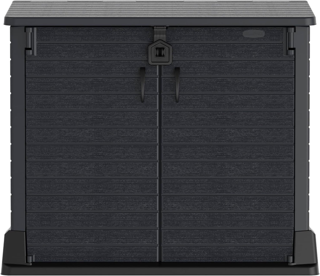 Duramax StoreAway 1200L Plastic Garden Shed/ Flat Lid, Outdoor Storage Shed, Wheelie Bin Hideaways, Wheelie bin box, Durable Construction, Ideal for Bikes, BBQs & 2x 240L Bins, 145x85x125 cm, Brown