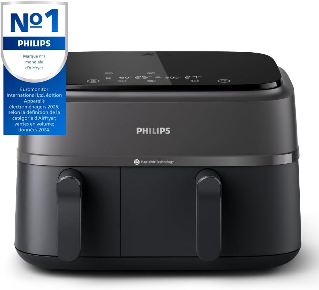Philips Air Fryer 3000 Series Double Basket - Healthy, Fast and Versatile Cooking, 9 Litre Capacity, Touch Screen, Two Drawer Design (NA350/00)