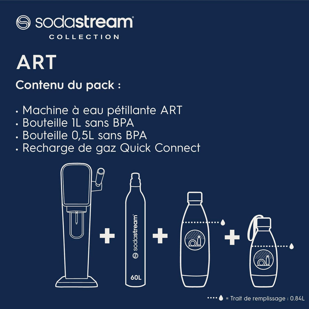 SodaStream ART Sparkling Water and Soda Machine | Pack of 1 Bottle 1 L + 1 Bottle 0.5 L Dishwasher Safe + 1 60L Gas Refill Clip On | Black [Amazon Exclusive]