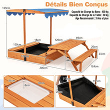 Load image into Gallery viewer, Bac à Sable en Bois pour Enfants avec Couvercle Aire de Jeux avec Table Sensorielle Pliable &amp; Banc Parasol Ajustable pour 3+ Ans Naturel