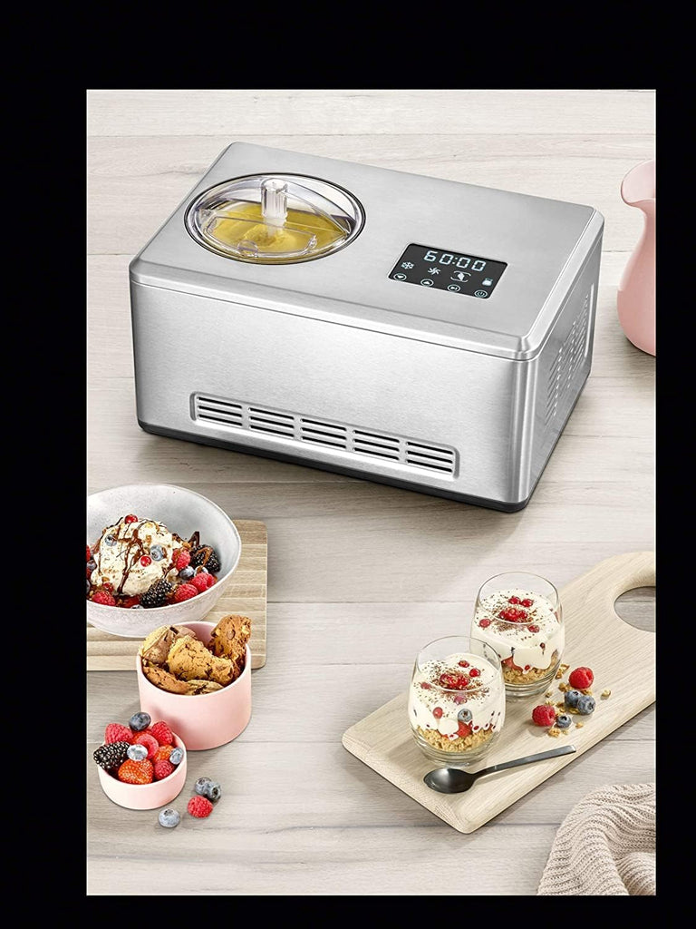 SEVERIN EZ 7405 2-in-1 Ice Cream Maker, Includes Ice Cream Container (2L) and Recipe Book, Digital Timer, Lid Open, Silver