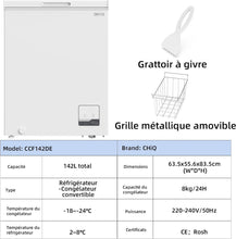 Load image into Gallery viewer, Congélateur coffre CHiQ 142L, 63,5 x 55,6 x 83,5cm, Congélateur Inverter, Affichage de la température extérieure, Mode de congélation rapide -32℃, Grille métallique,Faible bruit