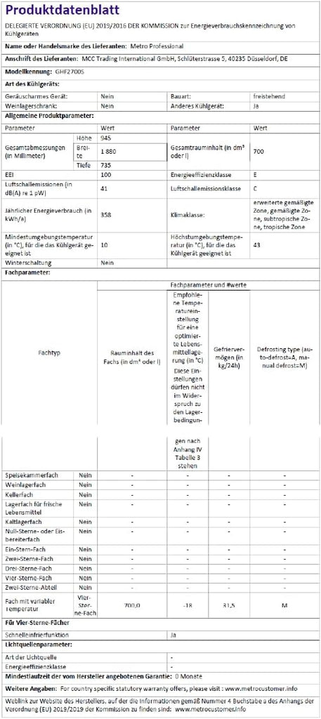METRO Professional Congélateur bahut GHF2700S, acier, 188 x 73.5 x 94.5 cm, 700 L, 125 W, 3 paniers, éclairage LED, avec serrure, blanc/gris