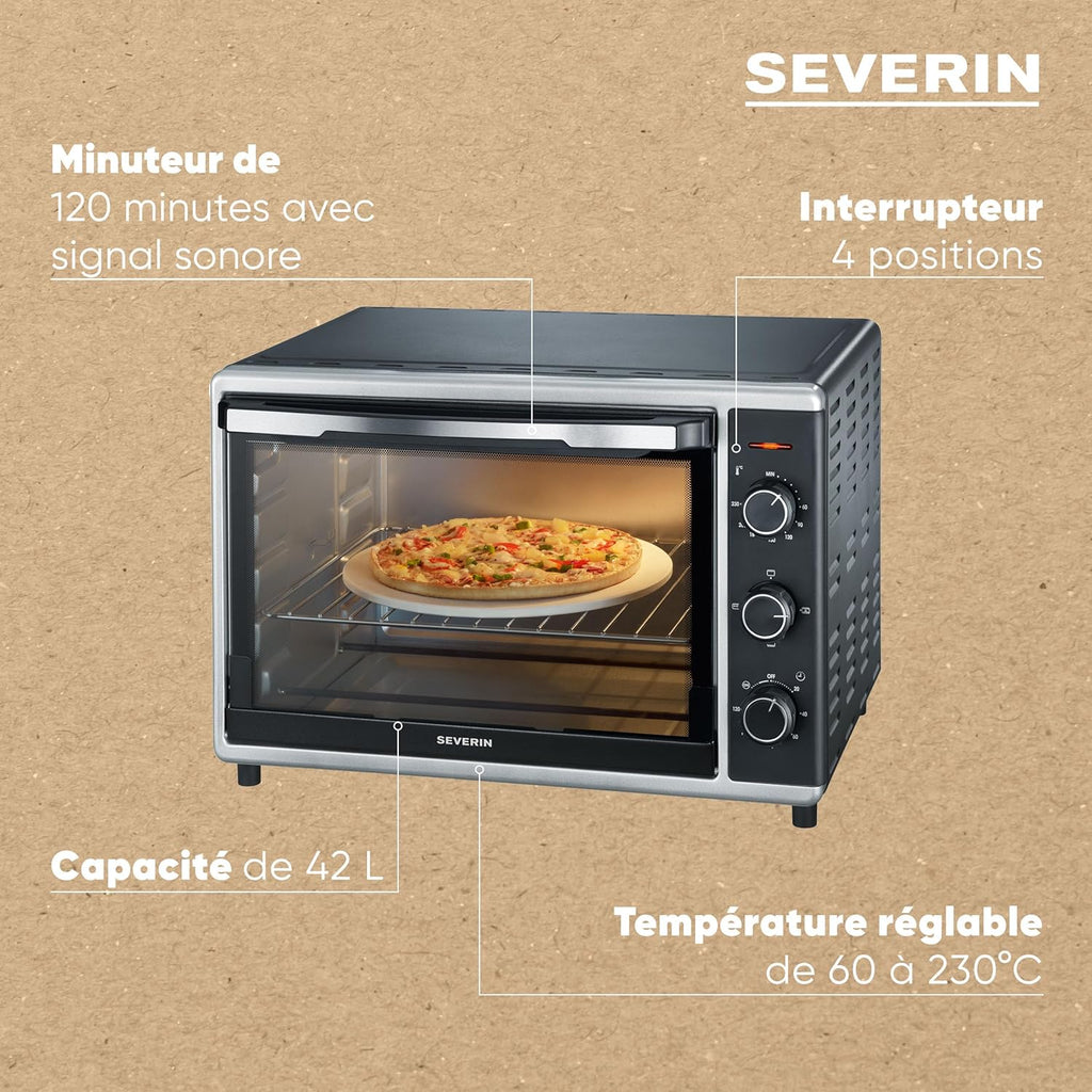 SEVERIN Mini-Four à chaleur tournante 42 L avec pierre à pizza et tournebroche, Four posable 1 800 W design élégant, électrique avec minuteur 120 min, Noir/Inox, TO 2058