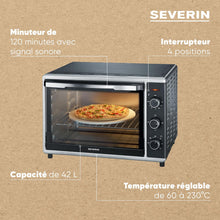 Load image into Gallery viewer, SEVERIN Mini-Four à chaleur tournante 42 L avec pierre à pizza et tournebroche, Four posable 1 800 W design élégant, électrique avec minuteur 120 min, Noir/Inox, TO 2058