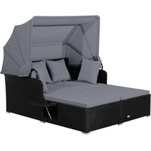 Load image into Gallery viewer, Chaise Longue à 2 Places en Rotin avec Auvent Rétractable Bain de Soleil avec Panneaux Latéraux Pliables Charge 360KG Beige/Gris