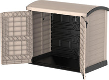 Load image into Gallery viewer, Duramax StoreAway 1200L Plastic Garden Shed/ Flat Lid, Outdoor Storage Shed, Wheelie Bin Hideaways, Wheelie bin box, Durable Construction, Ideal for Bikes, BBQs &amp; 2x 240L Bins, 145x85x125 cm, Brown