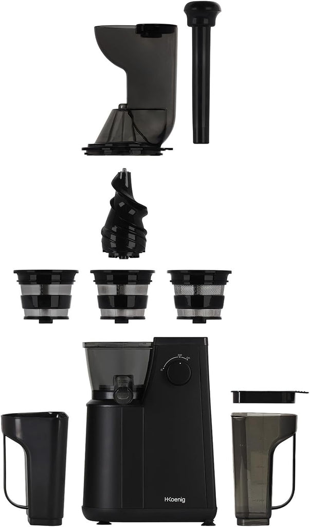 Extracteur de Jus de Fruits et Légumes vertical GSX24 H.Koenig Centrifugeuse Vitamin + sans BPA - 82 mm Large Bouche - 3 tamis pour jus fin ou épais et sorbet - Pression douce - 50 tours 400 W