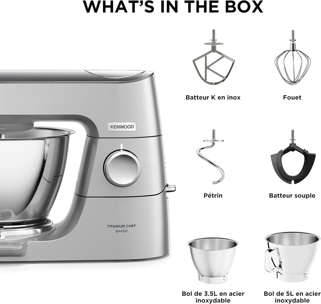 Kenwood Titanium Chef Baker KVC65.001WH, Pastry Robot with Integrated Scales, Including 3-Piece Pastry Set, Spatula & Splash Protection, 1200 W, White