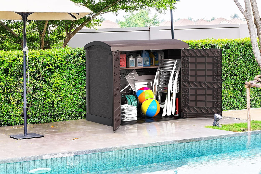 Duramax StoreAway 1200L Plastic Garden Shed/ Flat Lid, Outdoor Storage Shed, Wheelie Bin Hideaways, Wheelie bin box, Durable Construction, Ideal for Bikes, BBQs & 2x 240L Bins, 145x85x125 cm, Brown