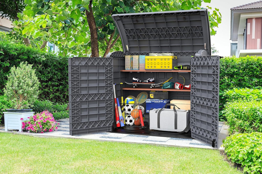 Duramax StoreAway 1200L Plastic Garden Shed/ Flat Lid, Outdoor Storage Shed, Wheelie Bin Hideaways, Wheelie bin box, Durable Construction, Ideal for Bikes, BBQs & 2x 240L Bins, 145x85x125 cm, Brown