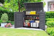 Load image into Gallery viewer, Duramax StoreAway 1200L Plastic Garden Shed/ Flat Lid, Outdoor Storage Shed, Wheelie Bin Hideaways, Wheelie bin box, Durable Construction, Ideal for Bikes, BBQs &amp; 2x 240L Bins, 145x85x125 cm, Brown