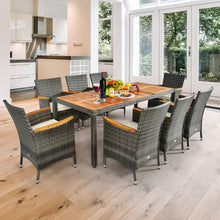 Load image into Gallery viewer, Salon de Jardin avec 1 Table et 8 Chaises en Bois et Rotin Synthétique Anti-UV Pieds Réglables et Coussins Imperméables Inclus