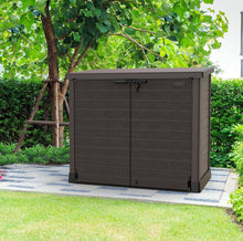 Load image into Gallery viewer, Duramax StoreAway 1200L Plastic Garden Shed/ Flat Lid, Outdoor Storage Shed, Wheelie Bin Hideaways, Wheelie bin box, Durable Construction, Ideal for Bikes, BBQs &amp; 2x 240L Bins, 145x85x125 cm, Brown