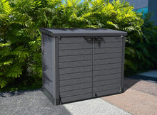 Load image into Gallery viewer, Duramax StoreAway 1200L Plastic Garden Shed/ Flat Lid, Outdoor Storage Shed, Wheelie Bin Hideaways, Wheelie bin box, Durable Construction, Ideal for Bikes, BBQs &amp; 2x 240L Bins, 145x85x125 cm, Brown