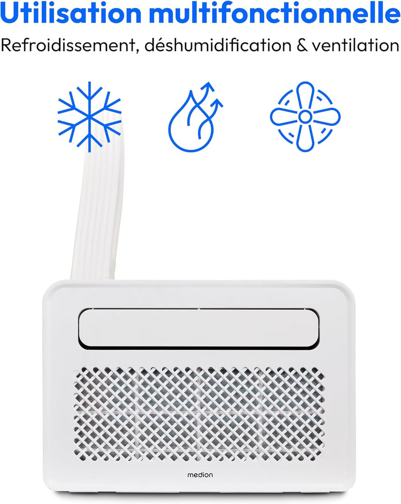 MEDION Smart Climatiseur Split P502 (5000 BTU, 3-en-1, Refroidir, Déshumidification, Ventilation, pour caravane, camping-car, kit de joint de fenêtre, mode sommeil, contrôle Wifi, Écran, MD 37735)