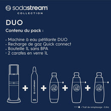 Load image into Gallery viewer, SodaStream Duo Sparkling Water Machine for Glass Jug | Pack of 2 Glass Jugs 1L + 1 Bottle 1L Dishwasher Safe + 1 60L Gas Refill Clip On | Black [Amazon Exclusive]