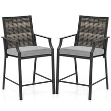 Load image into Gallery viewer, Outdoor Metal Bar Stools Set of 2 with Rattan Back, Armrest, Fabric Seat &amp; Cushions, Counter Height Patio Bar Chairs for Poolside, Porch, Backyard