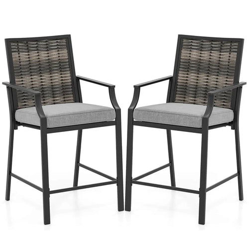 Outdoor Metal Bar Stools Set of 2 with Rattan Back, Armrest, Fabric Seat & Cushions, Counter Height Patio Bar Chairs for Poolside, Porch, Backyard