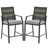Outdoor Metal Bar Stools Set of 2 with Rattan Back, Armrest, Fabric Seat & Cushions, Counter Height Patio Bar Chairs for Poolside, Porch, Backyard