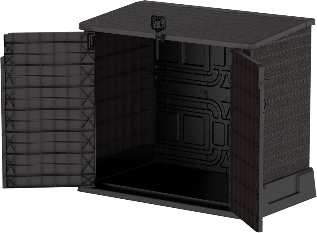 Duramax StoreAway 1200L Plastic Garden Shed/ Flat Lid, Outdoor Storage Shed, Wheelie Bin Hideaways, Wheelie bin box, Durable Construction, Ideal for Bikes, BBQs & 2x 240L Bins, 145x85x125 cm, Brown