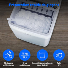 Load image into Gallery viewer, MEDION Ice maker (ice cube size small &amp; large, 2.6 litre water tank, short production time approx. 10 minutes, crystal clear ice cubes, self-cleaning, control window, screen,